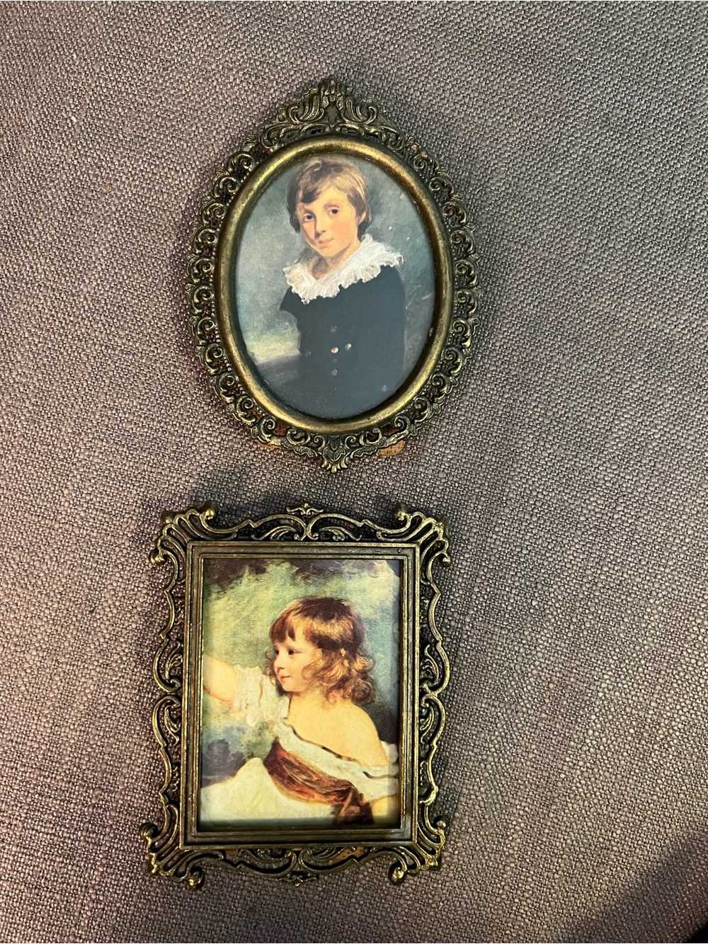 Vintage Brass Ornate mini portrait set- Set of 2 -blue boy & pinkie